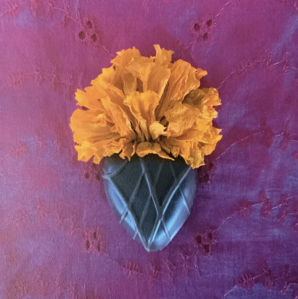xempaxoco by Rebecca Zendejas is a bright orange ruffled flower arranged in a small blue heart-shaped vase, set against a textured pink and purple background with subtle brushstrokes and small paw-print-like marks.